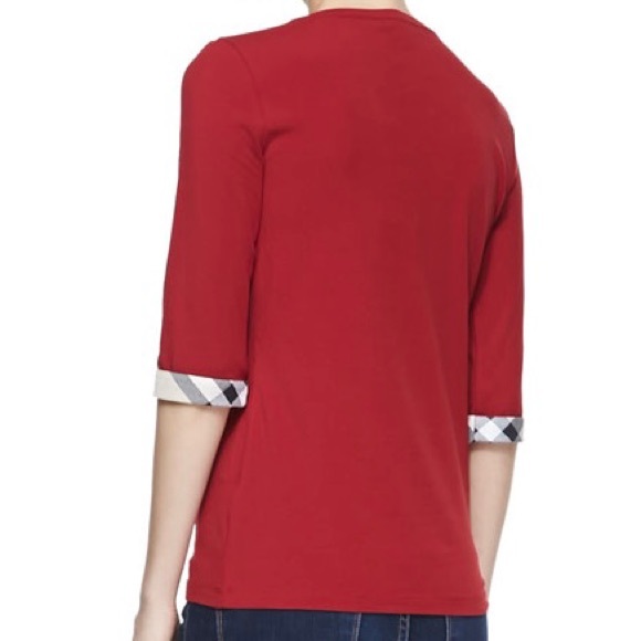 Burberry Brit red 3/4-Sleeve Check-Cuff Jersey Tee Top size S - Picture 1 of 15